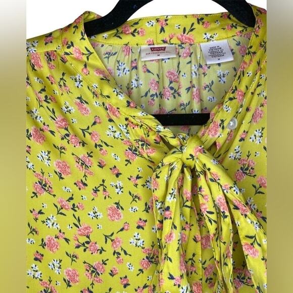Levi’s Yellow Pink Floral Marianna Button Down Long Sleeve Blouse Bow Collared - Picture 5 of 5
